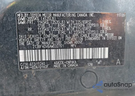 2010 Toyota Rav4 z USA, uszkodzony, nr VIN 2T3BF4DV6AW032761